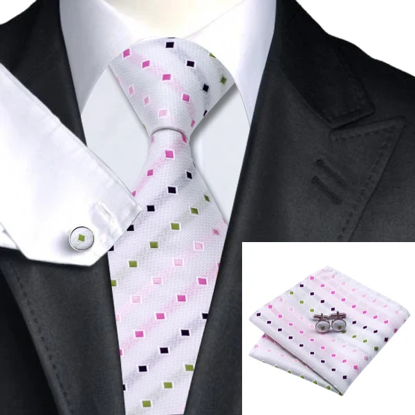 

Mens Tie White Pink Green Geometric Tie For Men Hanky Cufflinks Set Business Wedding Party Supplies Necktie Free Shipping C-1071
