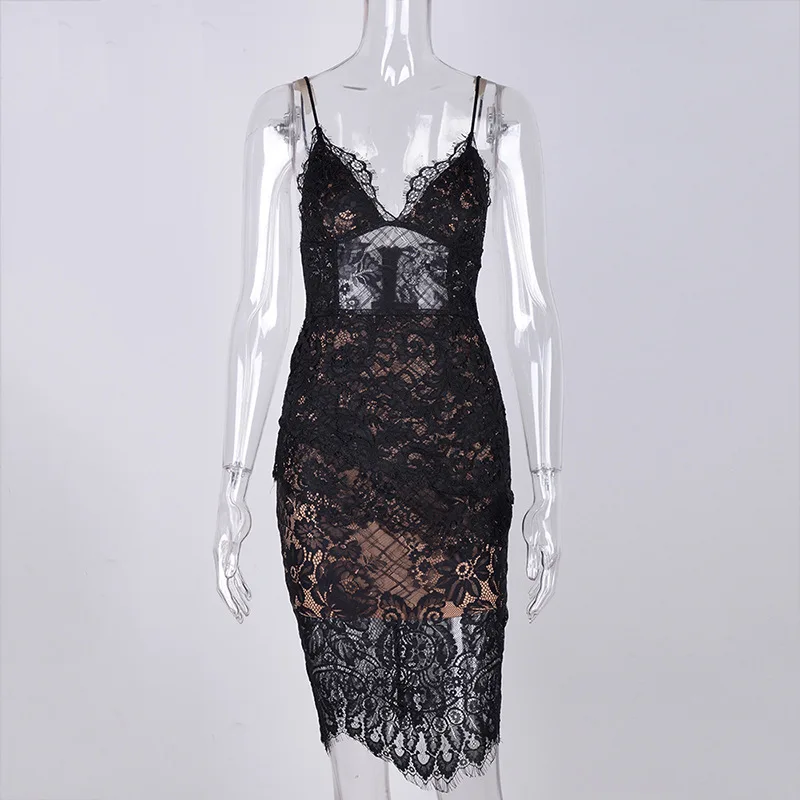 NATTEMAID, сексуальное кружевное платье без рукавов на бретельках, перспективное облегающее платье длиной до колена, вечерние женские платья для Nigthclub Vestidos - Цвет: Black