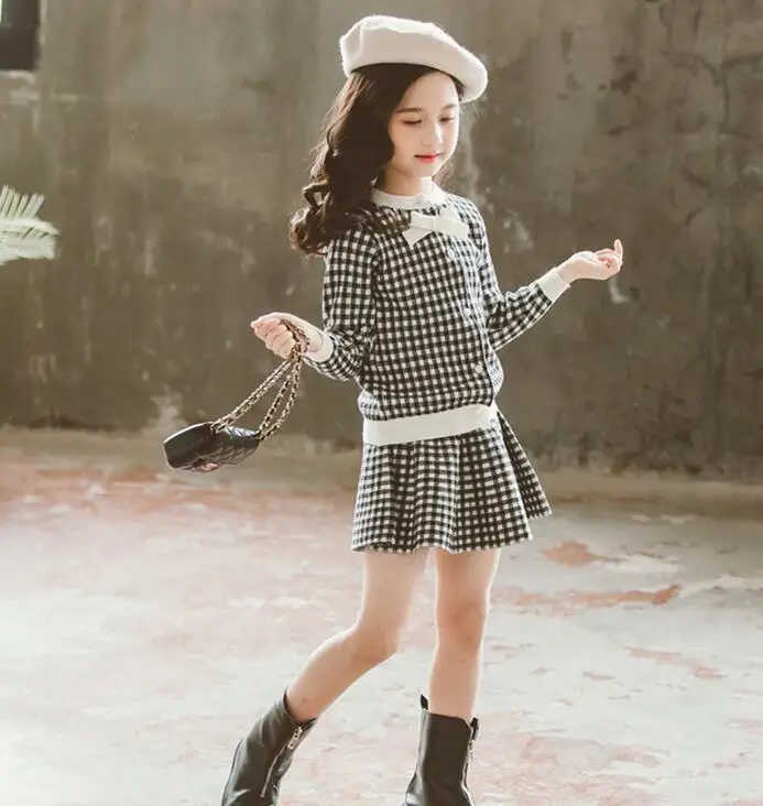 Winter Girls Sweater Clothing Set Kids Warm Knitwear Plaid Sweater& Skirt 2 Pieces Dress Suit Teenage Kids Overall Winter Girls - Color: black