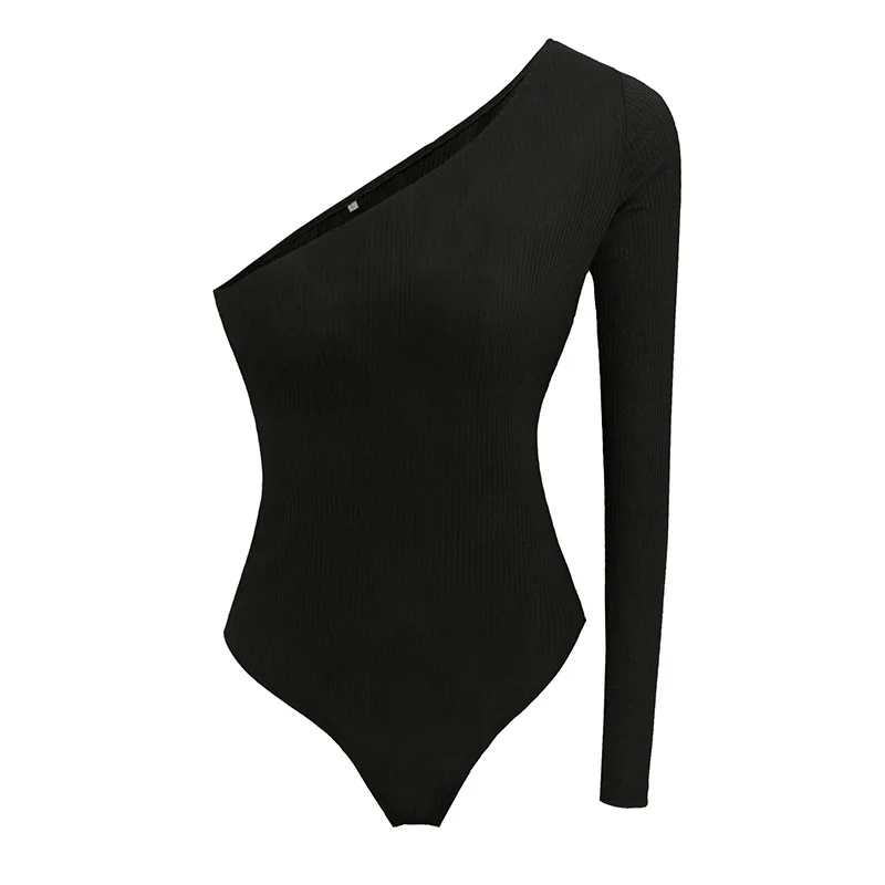 Women Girl Solid Irregular Off Shoulder Spring Ribbed Knitted Sexy Bodysuit O Neck Slim Rompers Womens Jumpsuit Basic Bodysuits