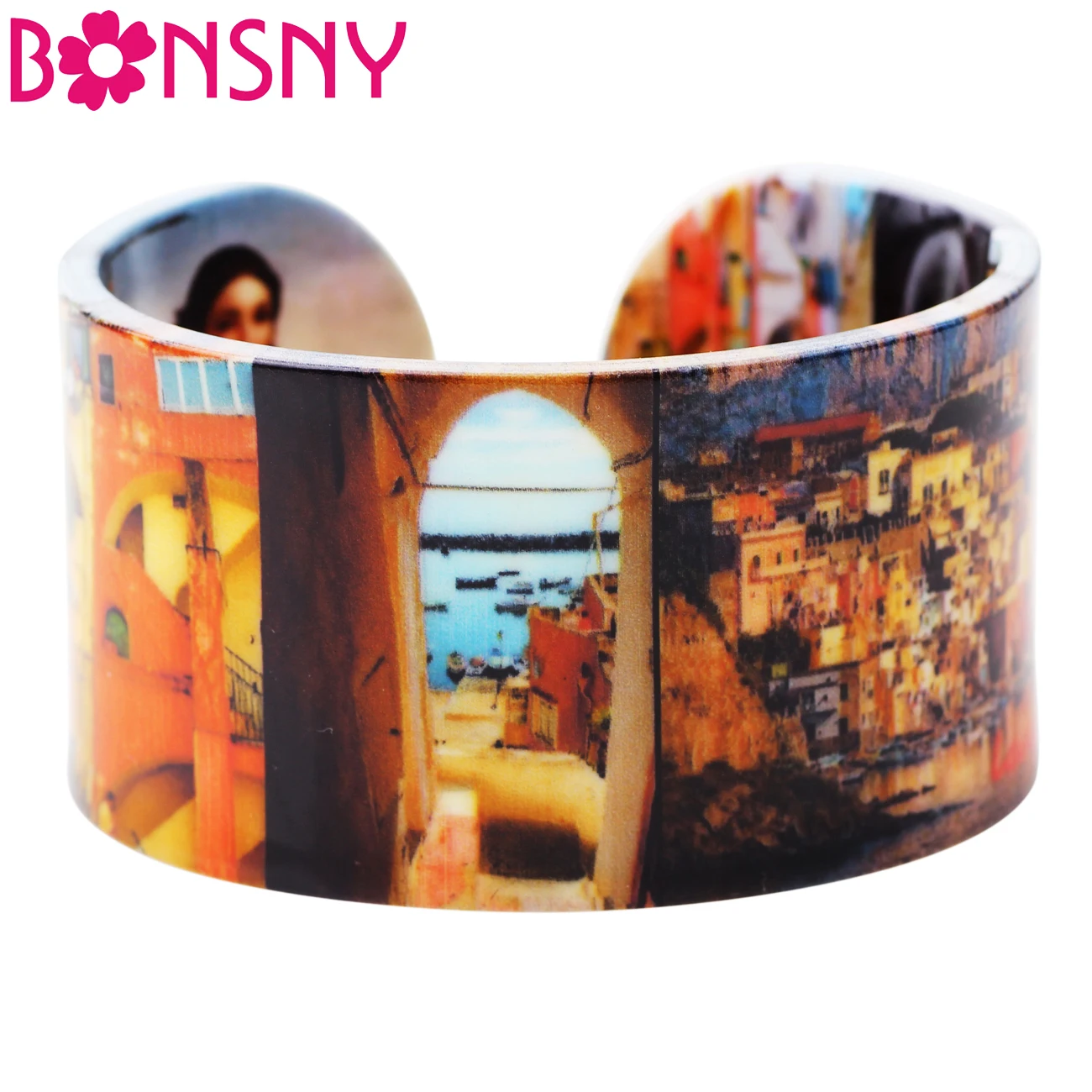 

Bonsny Acrylic Wide Love Lady Italian Pattern Oil Painting Bracelets Bangles For Women 2017 New Fashion Jewelry Girl Accessories