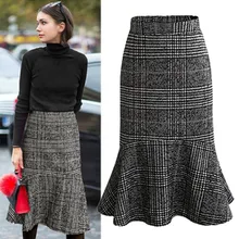 Новинка Осень-зима женские юбки плюс размер мода Империя Тонкий плед шерстяные смеси труба юбка для женщин больше Midiskirt 3XL