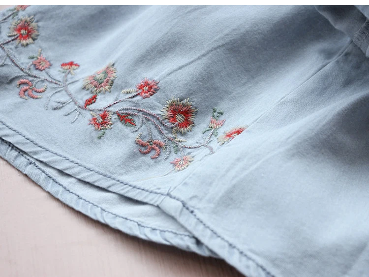 2018 Spring Autumn 3-12 Age Kids Embroidery Flower Long And Short Sleeve Double Use Denim Blue Elegant Dress For Girl With Belt (13)