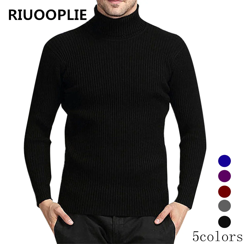 RIUOOPLIE Autumn Winter Mens Slim Fit High Neck Woolen Sweater Fashion Solid Color 1