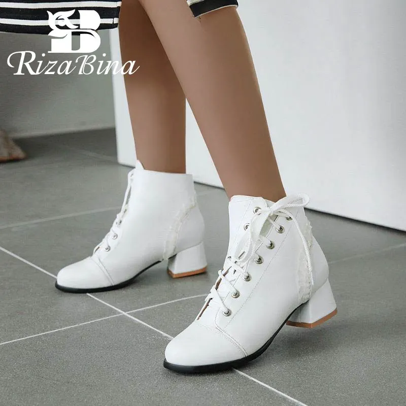 

RIZABINA Women Western Style Cross Strap Ankle Boots Square Heels Fur Winter Short Boots Daily Office Work Boots Size 32-44