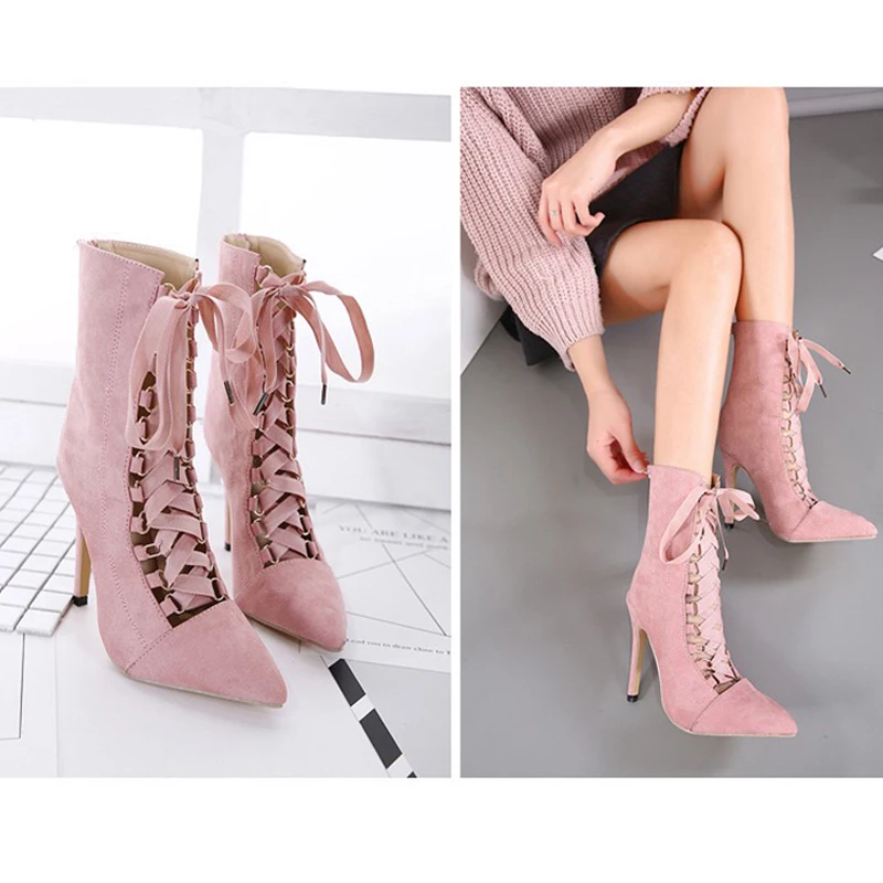 

XIAXUEER Ladies Cross Strap Suede Slim High-heeled Pointed Mid-boots