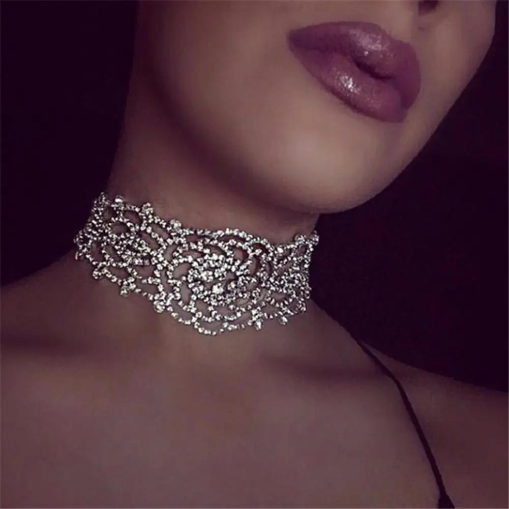 

Fashion Women Hollow Carved Flower Rhinestone Choker Necklace Jewelry Decor