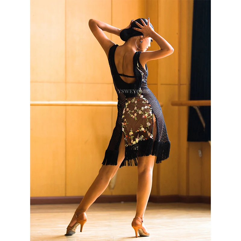 Одежда для латинского танца, высококачественное черное Сетчатое платье для Бальных и латиноамериканских танцев для женщин