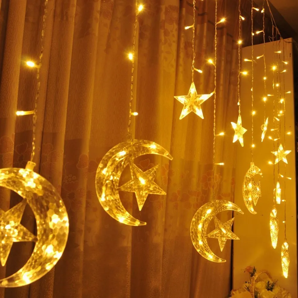 Cortina de Fadas Natal do Feriado para a Festa de Casamento em Casa Estrelas Colorido Cortina Icicle String Decoração Ramadan Led Lua 3 Led estrelas lua colorido cortina icicle cortina