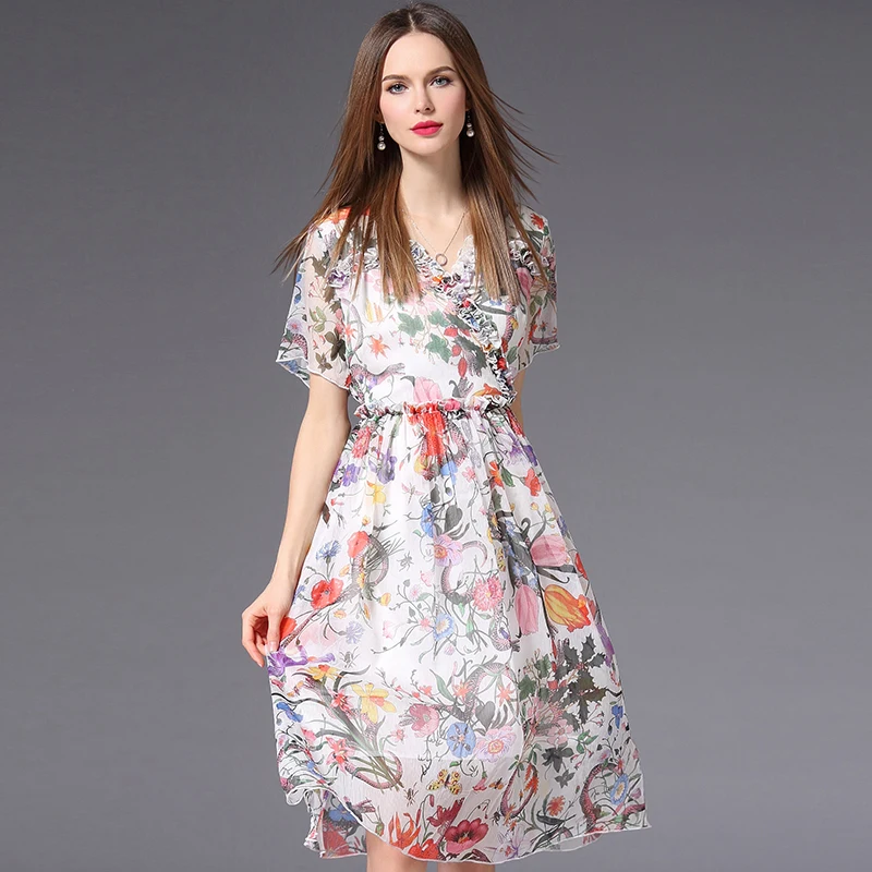 Shetelisi Floral Print Chiffon Dress with Ruffles V Neck Casual Holiday ...