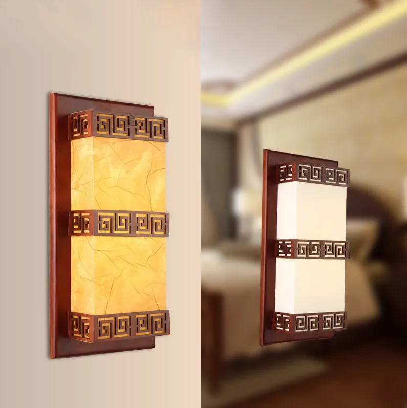 cheap Rustic style brown wood frame wall lamps Antique white yellow parchment E27 LED lamp for bedroom amp;porch amp;stairs amp;pavilion XDBD006