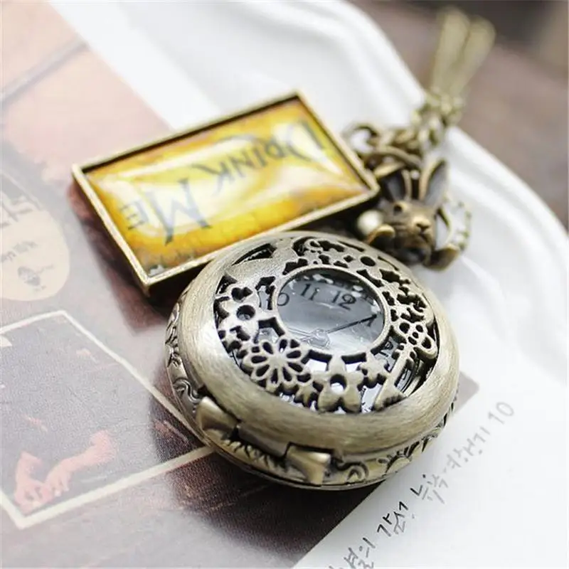 

Alice In Wonderland Drink Me Pocket Watch Necklace Pendant Rabbit Flower Key Gift Hot Fashion