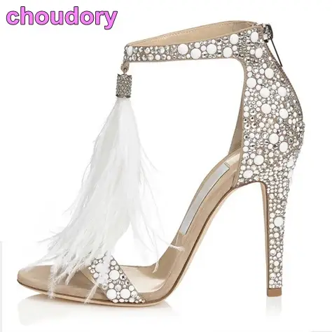 Bling Bling Silver Crystal Embellished Dress Sandals White Feather
