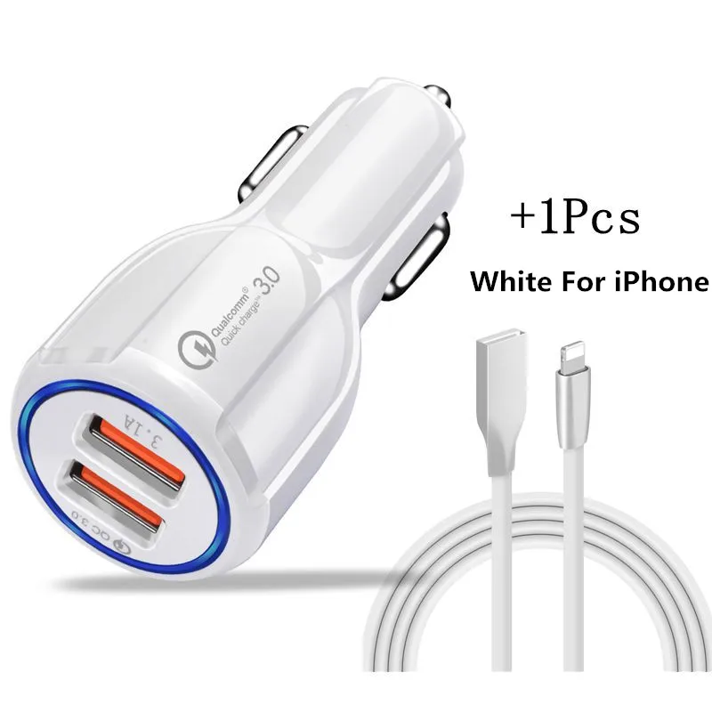 White Add IOS Cord Автомобильное зарядное устройство Quick Charge 3,0 с двумя портами USB, универсальное зарядное устройство QC3.0 с двумя портами USB для iPhone, samsung, Xiaomi, gps, автомобильное зарядное устройство - Тип штекера: White Add IOS Cord