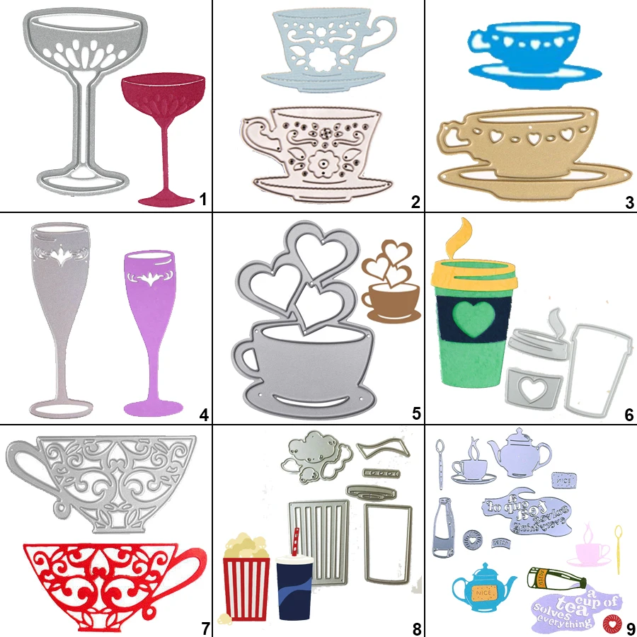 

DIY Milky Tea Cup Coffee Cutting Dies Metal Stencil Scrapbook Album Paper Card Embossing Art Bowl Teapot Popcorn Cola Wine Glass