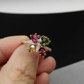 

Natural multicolor tourmaline Natural gemstone ring 925 sterling silver trendy Elegant Lovely butterfly women party gift Jewelry