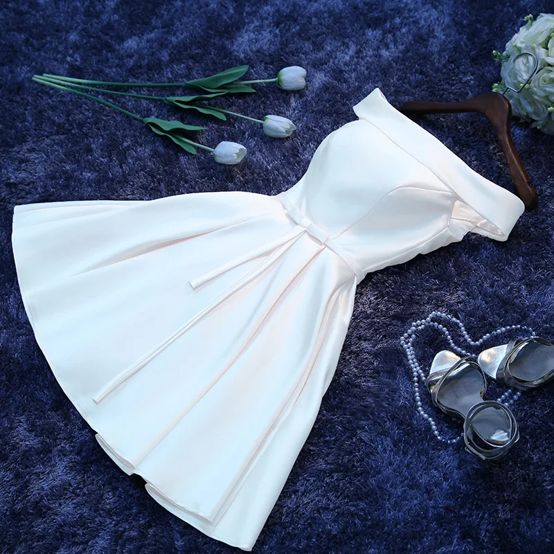 Мини/короткое платье подружки невесты, недорогое свадебное платье цвета шампанского с открытыми плечами на шнуровке, динамичное платье
