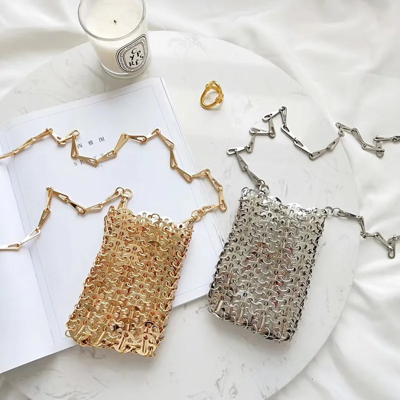 Luxury Designer Women Bags Pure Metal Sequins Chain Woven Bag Hollow Evening Bags Clutch Female Travel Holiday Shoulder Bag