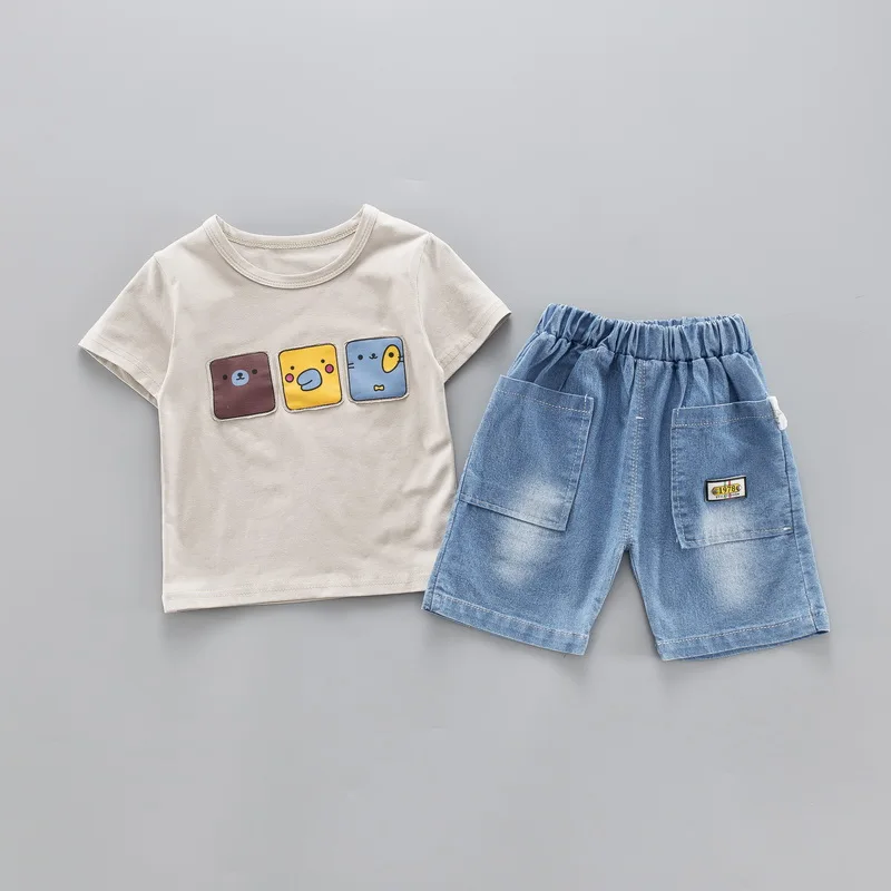 Хлопковые летние комплекты одежды с героями мультфильмов для маленьких мальчиков; футболка с короткими рукавами для малышей; джинсы; комплекты одежды для детей; костюм для детей