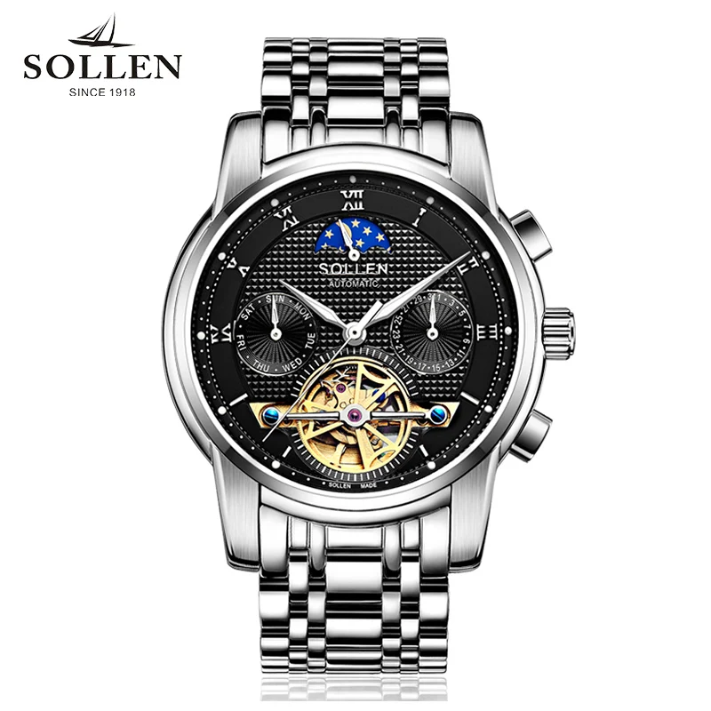 

SOLLEN automatic mechanical watch men business hollow men's watches steel waterproof luminous multi-functional male wristwatches