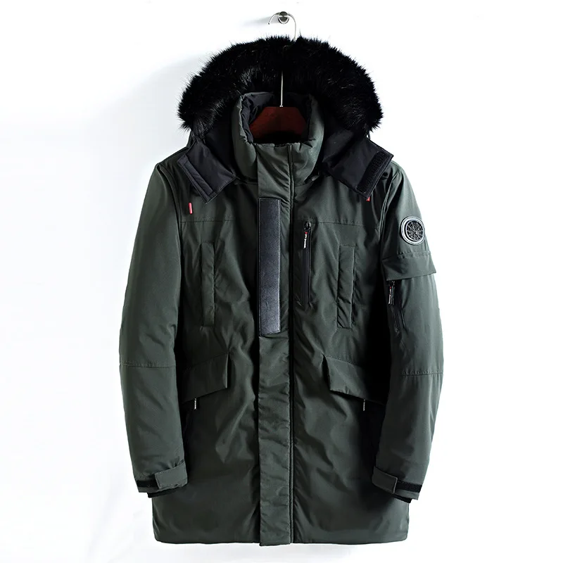 Мужская зимняя куртка с меховым капюшоном, плотное теплое длинное Стильное мужское зимнее пальто, однотонная Повседневная ветровка, парка для мужчин - Цвет: Армейский зеленый
