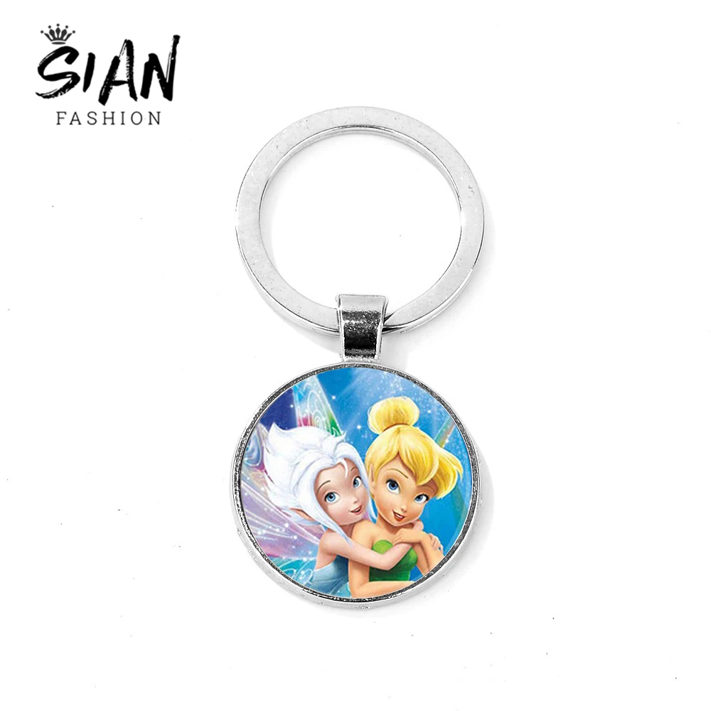 

SIAN Cute Little Fairy Tinkerbell Keychain Peter Pan Fairy Tale Tinker Bell Print Glass Cabochon Key Chain Ring Theme Party Gift