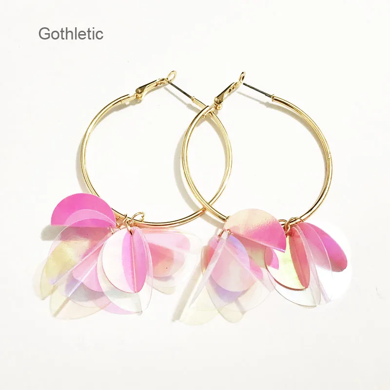 

Gothletic Gold Color Simple Hoop Earrings Pink Sequin Fower Charm 50MM Round Circle Earrings for Women Brincos Fashion Jewelry
