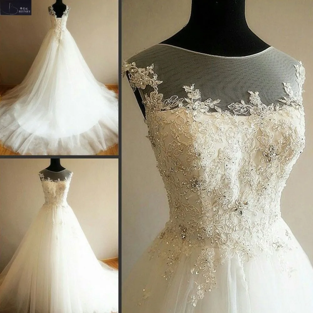 BRITNRY High Quality Scoop Wedding Dresses Lace Appliques with Beading