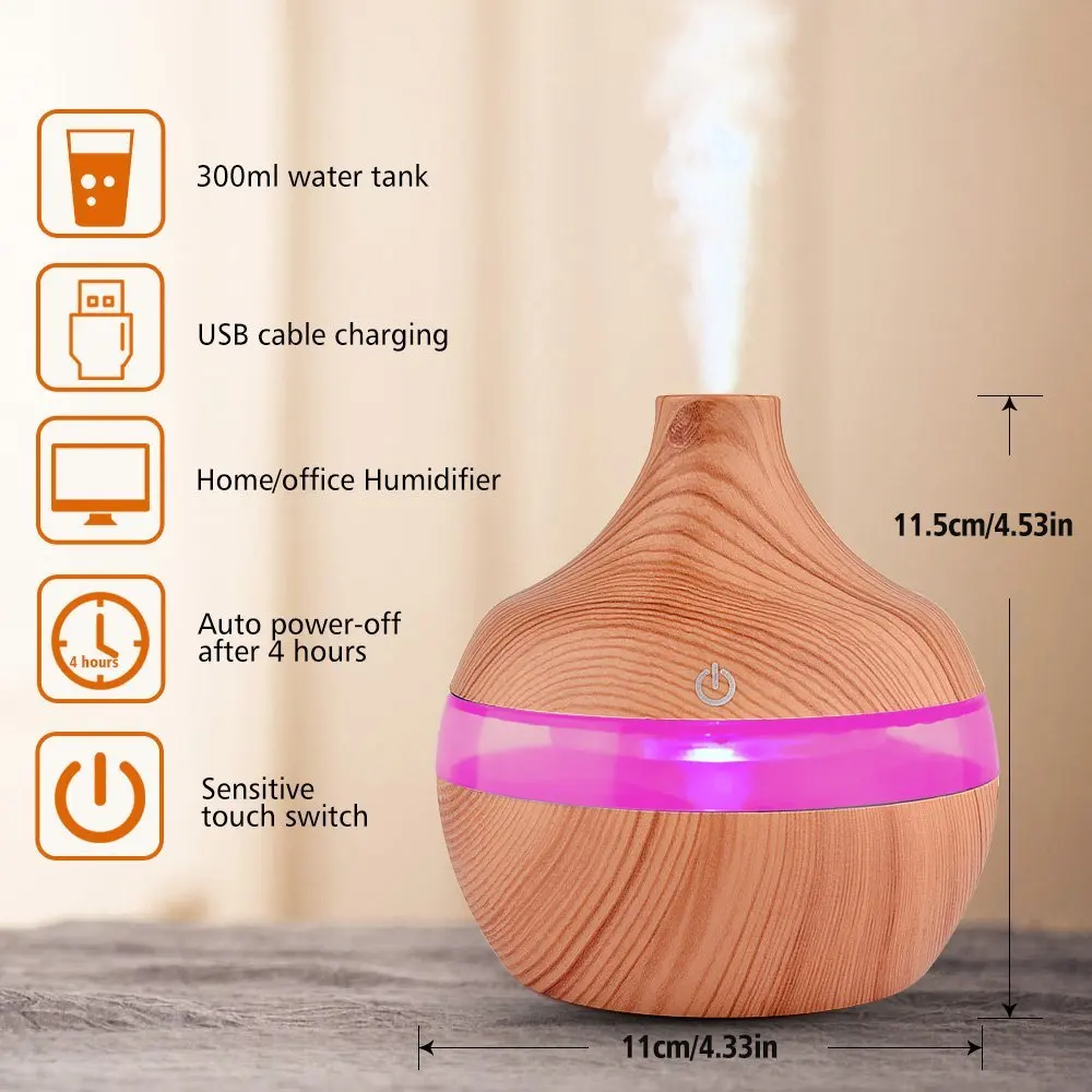 

300ml USB Electric Aroma Air Diffuser Wood Ultrasonic Air Humidifier Essential Oil Aromatherapy Cool Mist Maker For Home