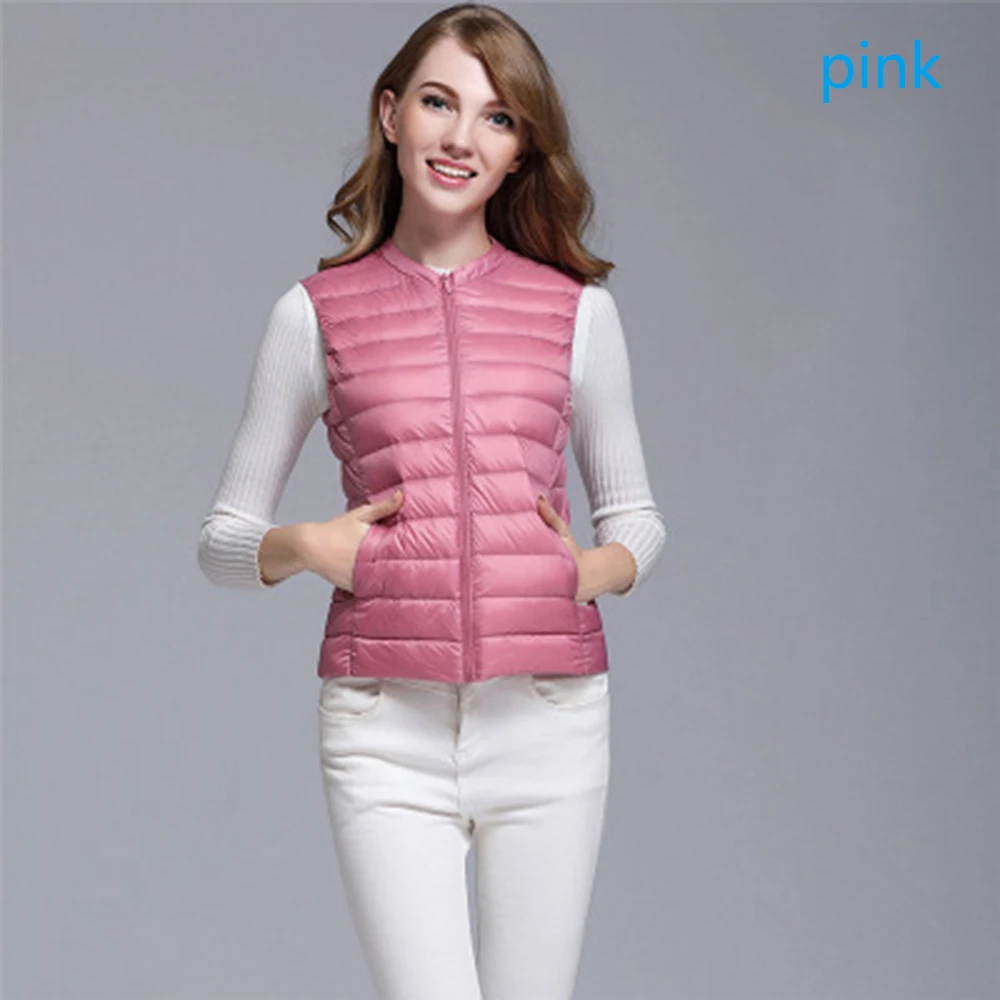 

2019 New Women White Duck Down Vest Ultra Light Jacket Autumn Winter Round Collar Sleeveless Coat Plaid Vest Waistcoat Plus Size