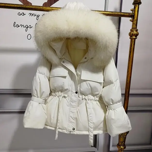 Новинка, зимнее женское пальто с воротником из натурального меха енота, пуховик с капюшоном, Толстая теплая зимняя верхняя одежда - Цвет: beige coat white fur