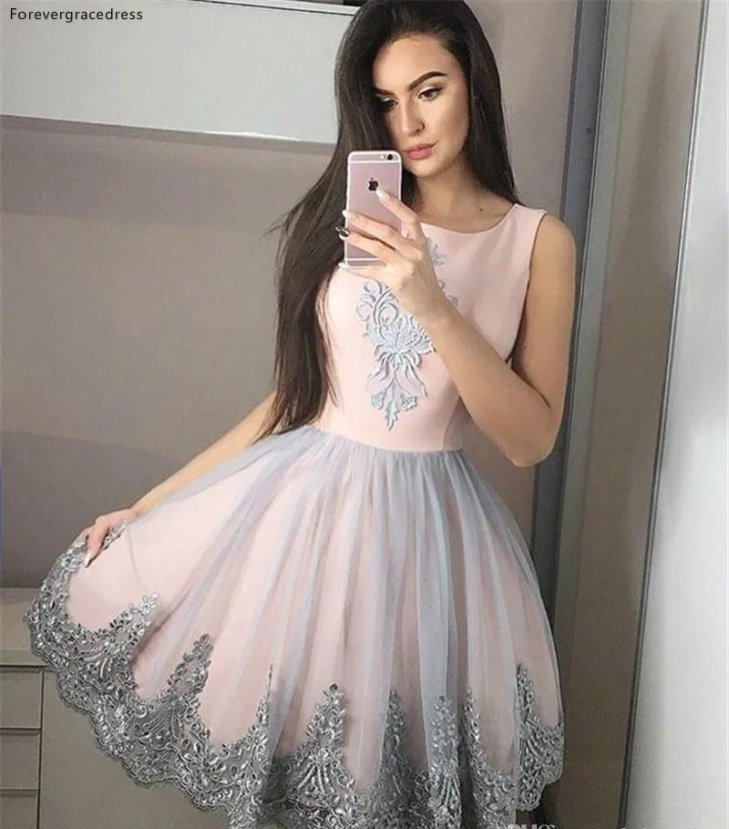 Blush Pink Gray Appliques A Line Homecoming Dresses 2019 Crew Neck Sleeveless Knee Length Women Party Prom Cocktail Dresses Cheap  95