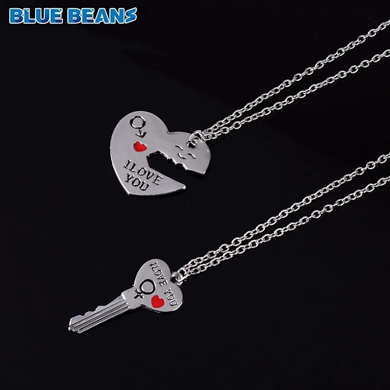 

2Pcs/Set Romantic Couple Necklaces Engrave I Love You Love Heart&Key Pendants Means Forever Together Silver Color Chain Collares