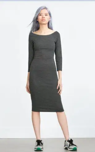 XC126 Fashion 2016 Women Gray Stretch Mid-Calf Sport Dress O-neck Three Quarter Sleeve Fit Causal Brand Female Vestidos | Женская одежда