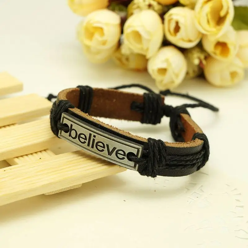 

Boho Black Red Children's Men's Adjustable Best Friend Believe Braid Rope Leather Bracelet Wristband For Women Gift Wholesale