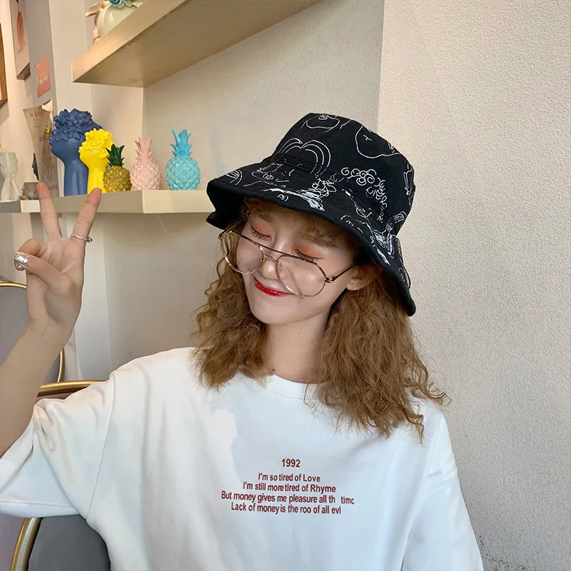Nuovo delle donne del cappello di primavera e di estate della protezione solare esterna cappello pescatore di arte femminile visiera selvaggio doppia faccia indossare graffiti della protezione Della Benna cappello