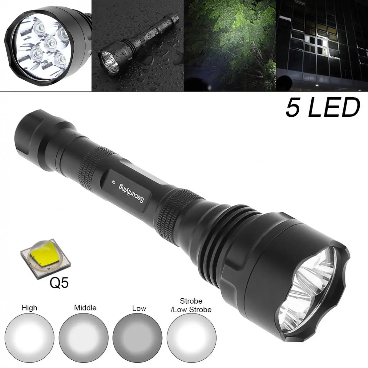 

SecurityIng Waterproof 10W 1500 Lumens Q5 LED Flashlight with 300M Range and 5 Modes Light Support 18650 Rechargeable Battery