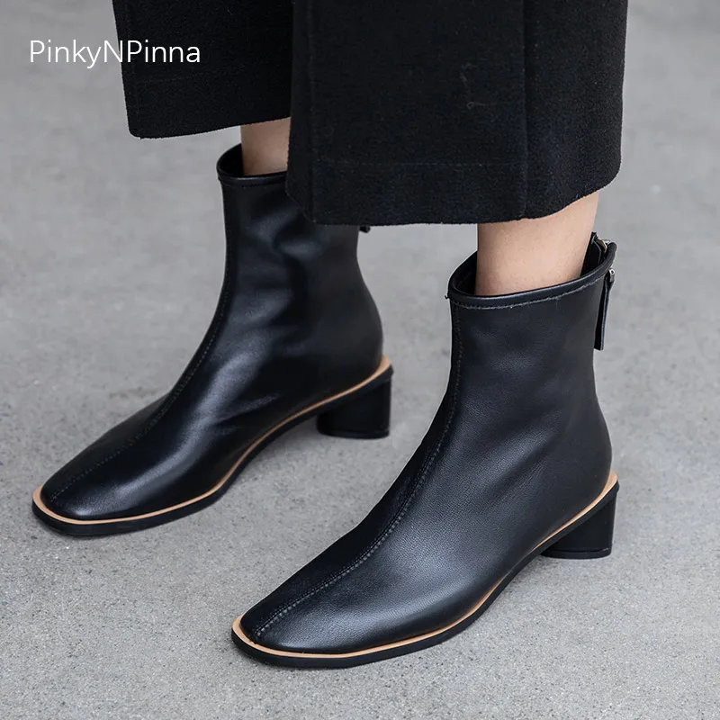 

Luxury women soft sheepskin ankle boots back zip designer runway style black genuine leather booties office party fashion shoes