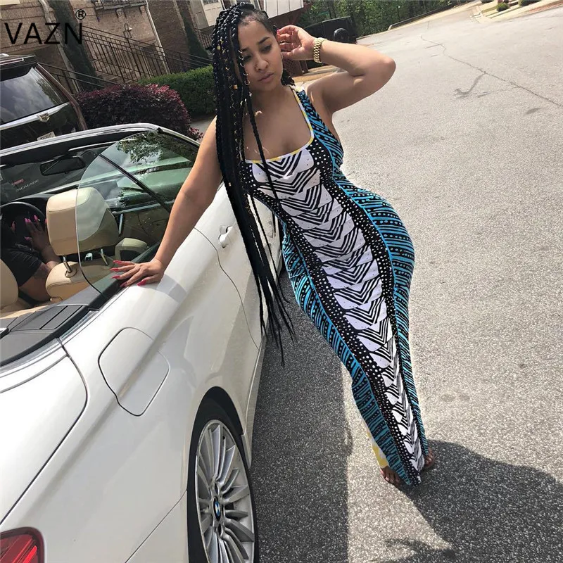 

VAZN 2018 Hot Fashion Ladies Casual Dress Summer Sleeveless Maxi Long Dress Sexy Print Dresses LD8087