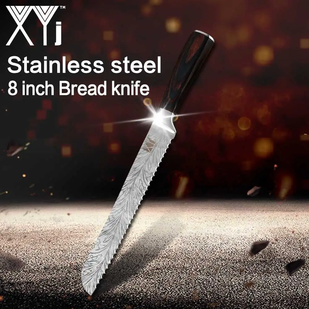 XYj кухонный нож шеф-повара, японские ножи 7CR17 440C из высокоуглеродистой нержавеющей стали, перо, лазерный узор, овощной нож Santoku - Цвет: 8 inch Bread Knife