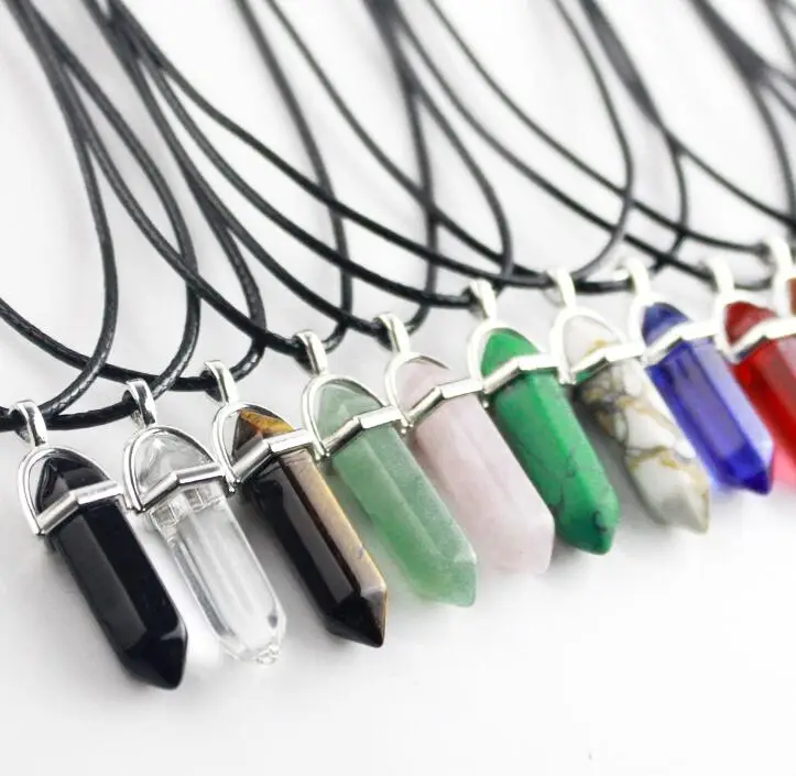 

Hexagonal Column Necklaces Pendant Natural Crystal Pink Purple Stone Bullet Choker Leather Necklace Women Jewelry Fashion Gift
