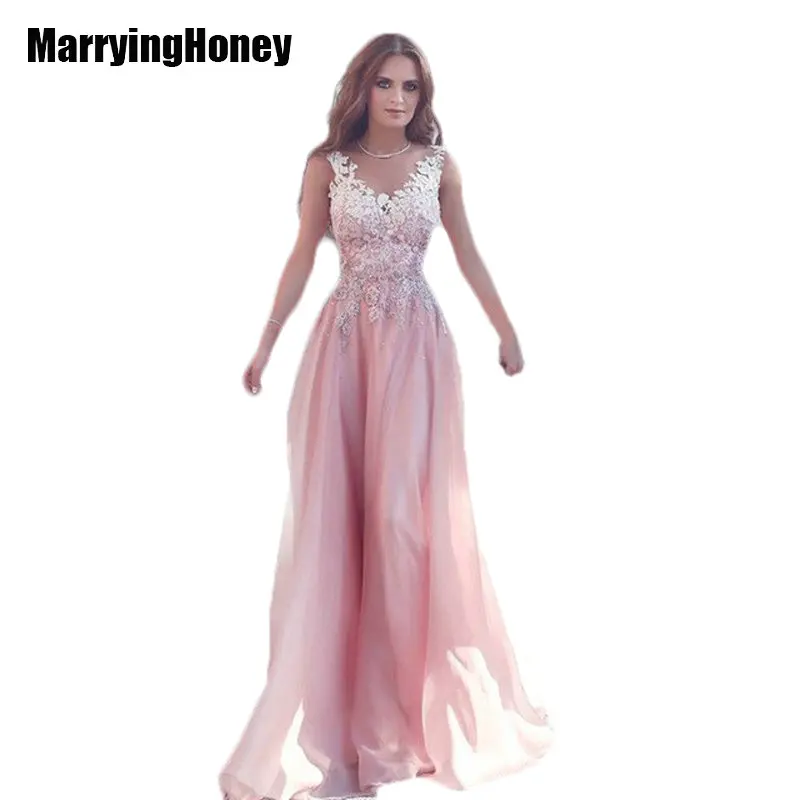 

Elegant Pink Lace Applique Long Evening Dresses Floor Length Custom Made Chiffon Party Gown Dubai Robe De Soiree