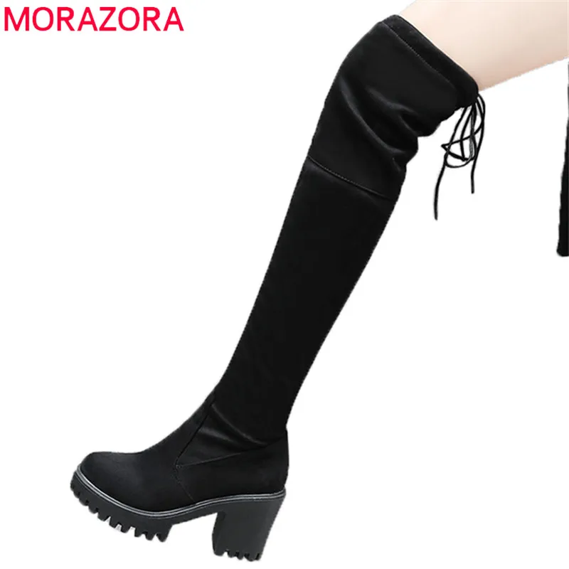 MORAZORA/; ; Сапоги выше колена; женская обувь на платформе с круглым носком; Простые эластичные сапоги до бедра на молнии; нескользящие