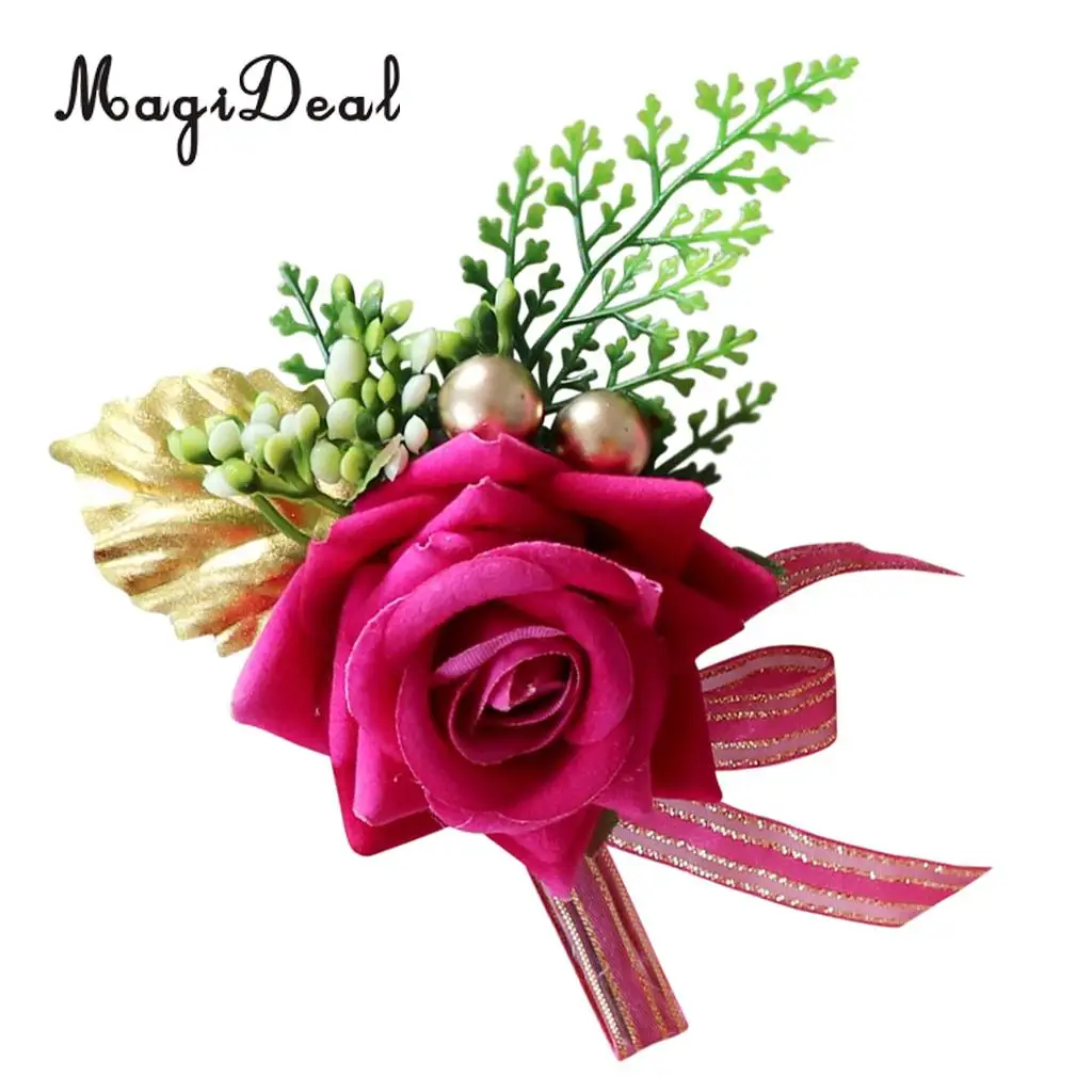 Romantic Artificial Rose Flower Pearls Wedding Corsage Boutonniere for Bridal Groom Fancy Dress