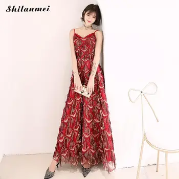 

Red 2019 Sexy Off Shoulder Tassel Sequin Dress Women V Neck Evening Party Vestidos Spaghetti Starp Ladies Wedding Maxi Dresses