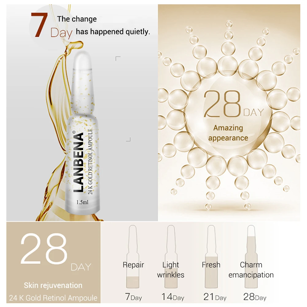 LANBENA 24K Gold Retinol ампульная сыворотка Мощный антивозрастной лифтинг укрепляющий удаляет морщинки тонкие линии увлажняющий питательный