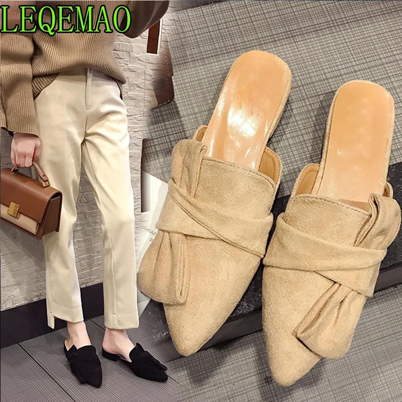 

Spring Women Slippers Flock Bowtie Female Mules Fashion Low Heels Shoe Pointed Toe Plus Size Elegant Woman Slipper