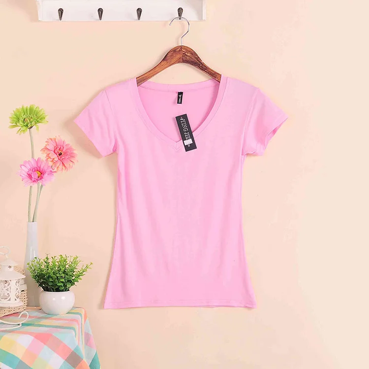 Горячая Распродажа, летние Стрейчевые новые женские футболки, MS, одноцветная футболка с коротким рукавом, Женская Модная хлопковая Футболка с v-образным вырезом W00622 - Цвет: W00622 pink