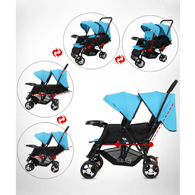 Складная детская коляска для близнецов, легкая коляска для близнецов 9,6 кг с 8 колесами, регулируемое сиденье для близнецов с москитной сеткой