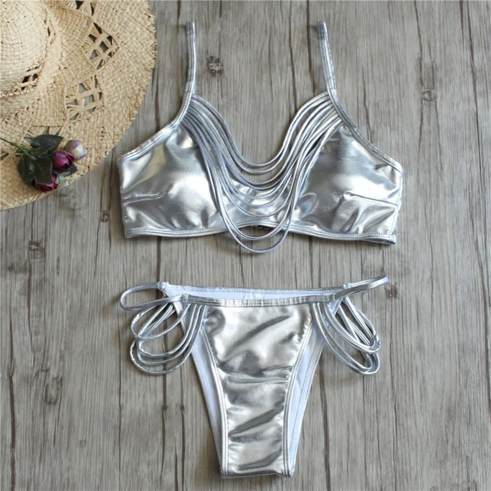 

2019 Sexy Silve Gold Bandage Swimsuit Push-Up Padded Bra Swimwear Brazilian Bikini Beach Bathing Suit Female Halter Women